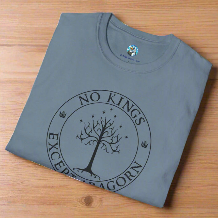 A slate blue t-shirt with text that says "No kings except Aragorn" and a graphic of a tree with seven stars above it and two crowns of the king of Gondor.