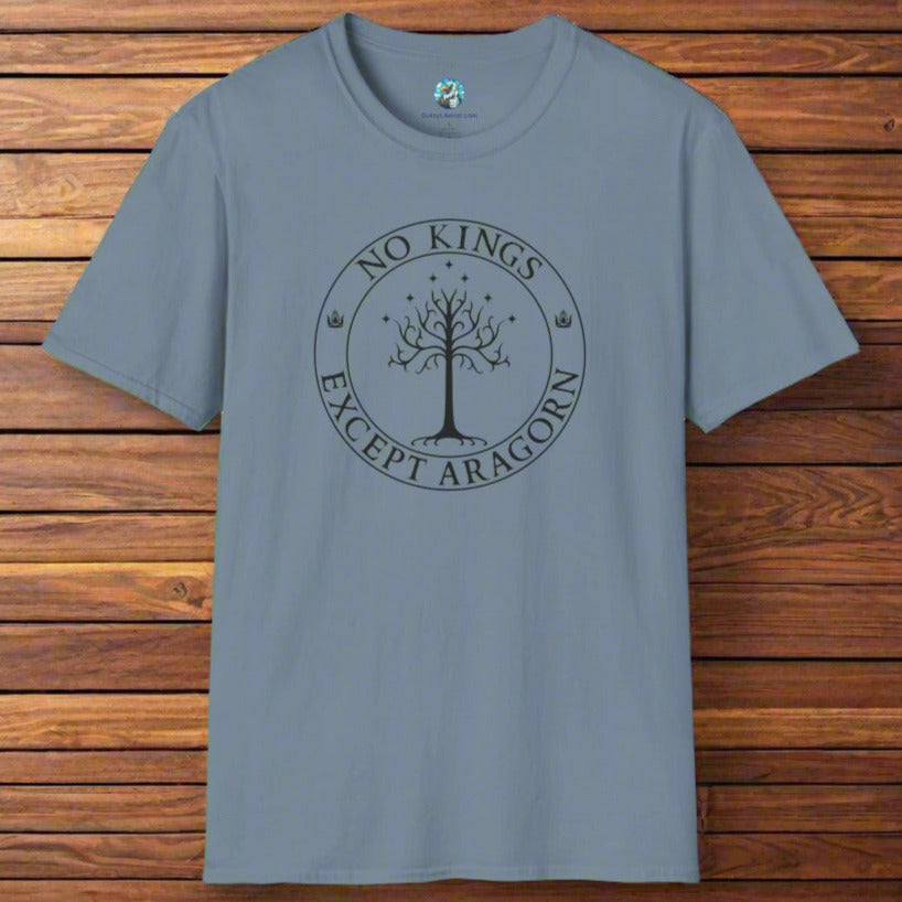 A slate blue t-shirt with text that says "No kings except Aragorn" and a graphic of a tree with seven stars above it and two crowns of the king of Gondor.