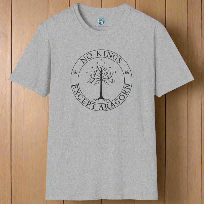 A gray t-shirt with text that says "No kings except Aragorn" and a graphic of a tree with seven stars above it and two crowns of the king of Gondor.