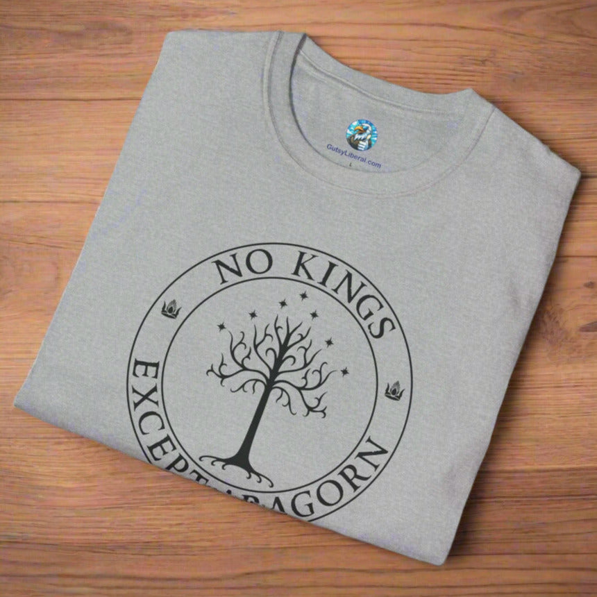 A gray t-shirt with text that says "No kings except Aragorn" and a graphic of a tree with seven stars above it and two crowns of the king of Gondor.