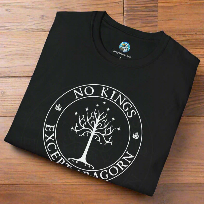A black t-shirt with text that says "No kings except Aragorn" and a graphic of a tree with seven stars above it and two crowns of the king of Gondor.