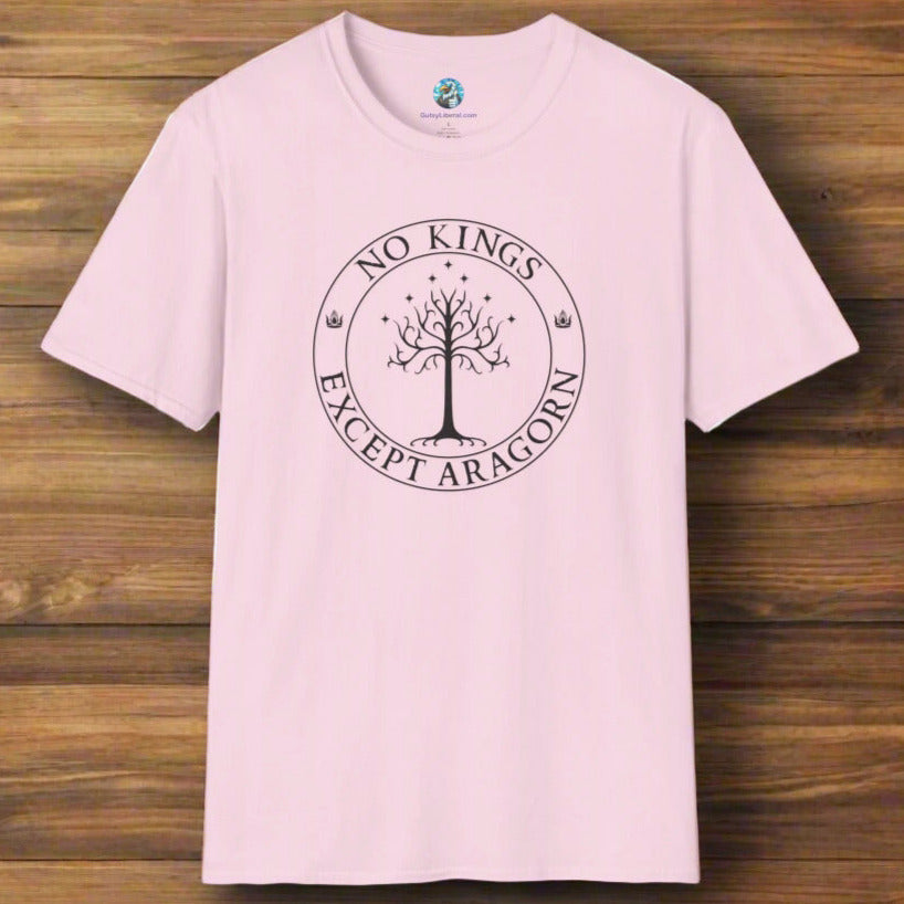 A pink t-shirt with text that says "No kings except Aragorn" and a graphic of a tree with seven stars above it and two crowns of the king of Gondor.