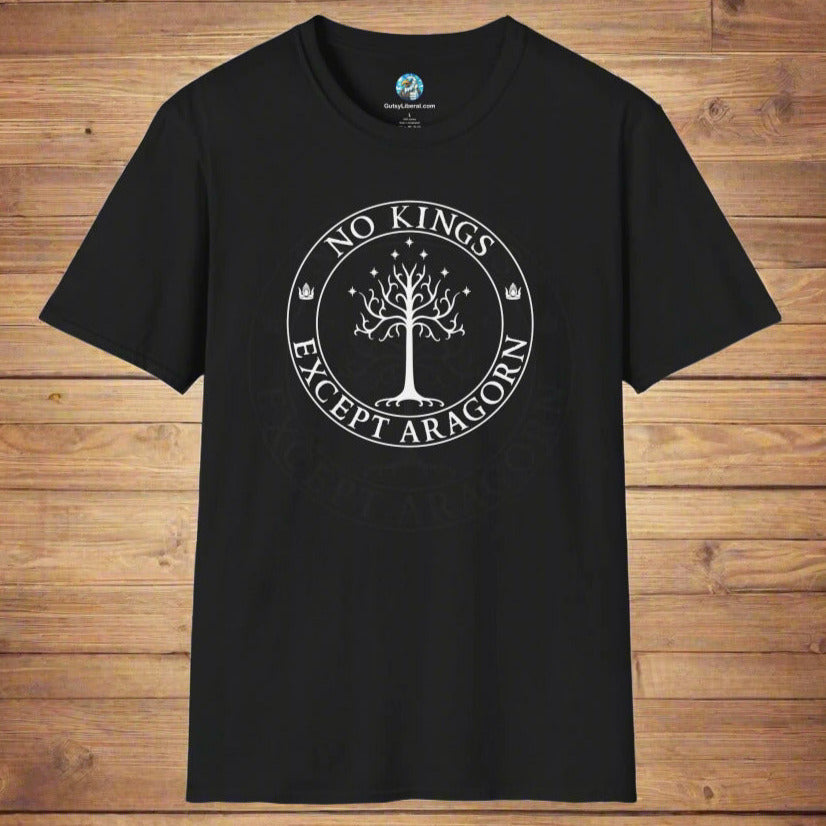A black t-shirt with text that says "No kings except Aragorn" and a graphic of a tree with seven stars above it and two crowns of the king of Gondor.