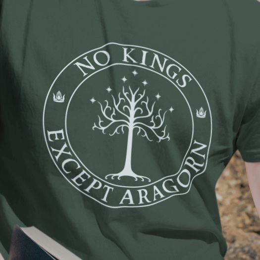 A green t-shirt with the text "No kings except Aragorn" with a graphic of the white tree of Gondor with seven stars above it and two crowns of the king of Gondor.