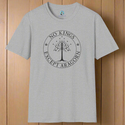 A gray t-shirt with text that says "No kings except Aragorn" and a graphic of a tree with seven stars above it and two crowns of the king of Gondor.