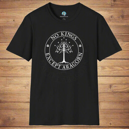 A black t-shirt with text that says "No kings except Aragorn" and a graphic of a tree with seven stars above it and two crowns of the king of Gondor.